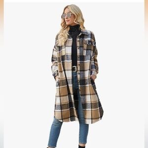 PUWEI Brown Plaid Shacket Jacket XXL Long Button Down Shirt Coat New